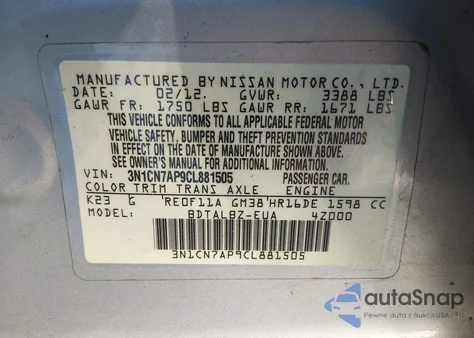 2012 Nissan Versa 1.6 Sv z USA, uszkodzony, nr VIN 3N1CN7AP9CL881505